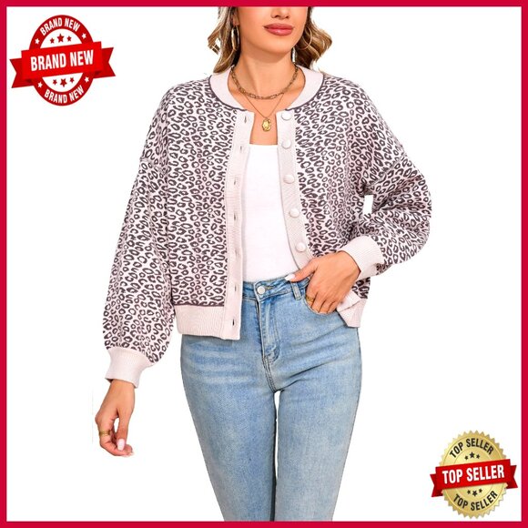Sweaters - Leopard Print Cropped Cardigan Sweater Button Front Long Sleeve Crewneck Y2K